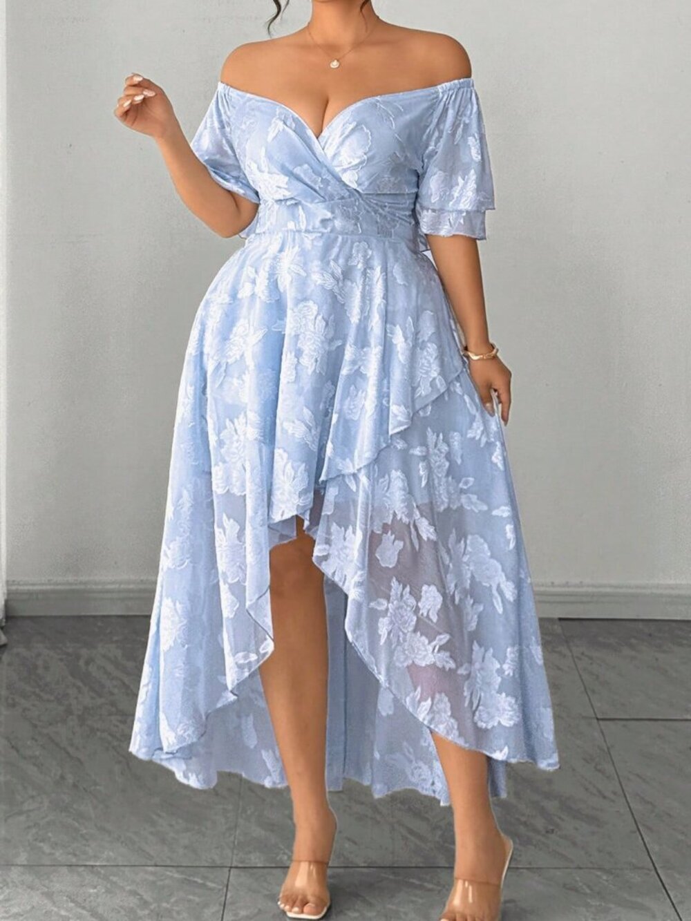 Baby Blue Elegant Women's Plus Size Wedding Guest hi low Maxi Dress - Picture 5 of 8